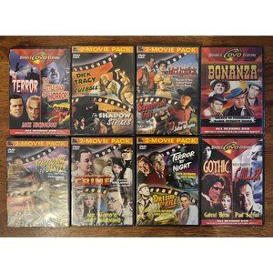 LOT OF 16 MOVIES on 8 DVDs, CRIME-WESTERN-HORROR, all BRAND-NEW, SEALED